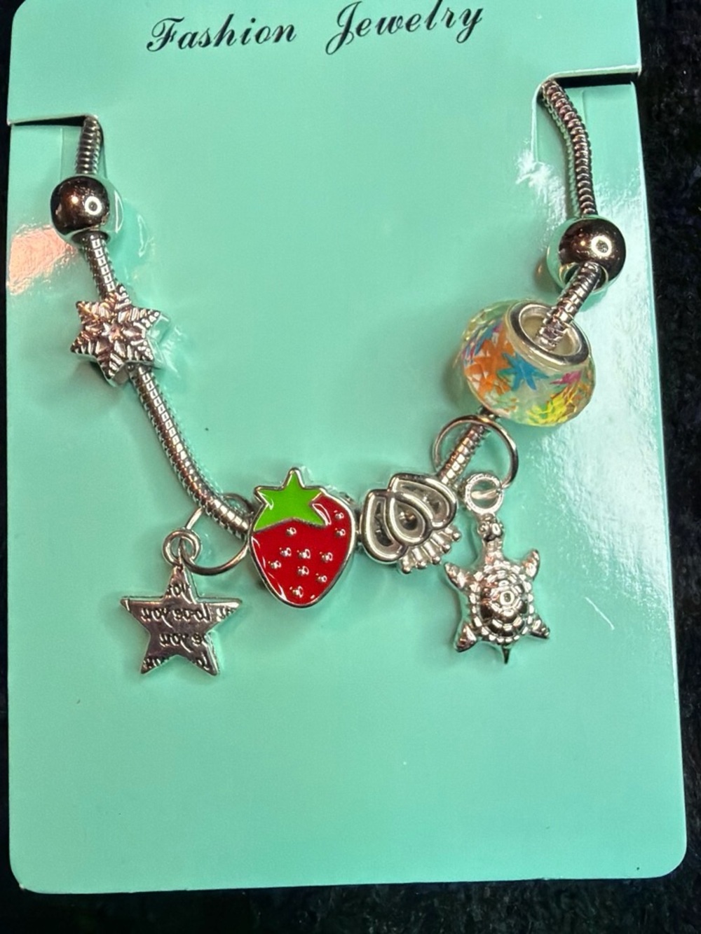 Fashion Jewelry Red & Green Strawberry Charm Bracelet with Sea Charms